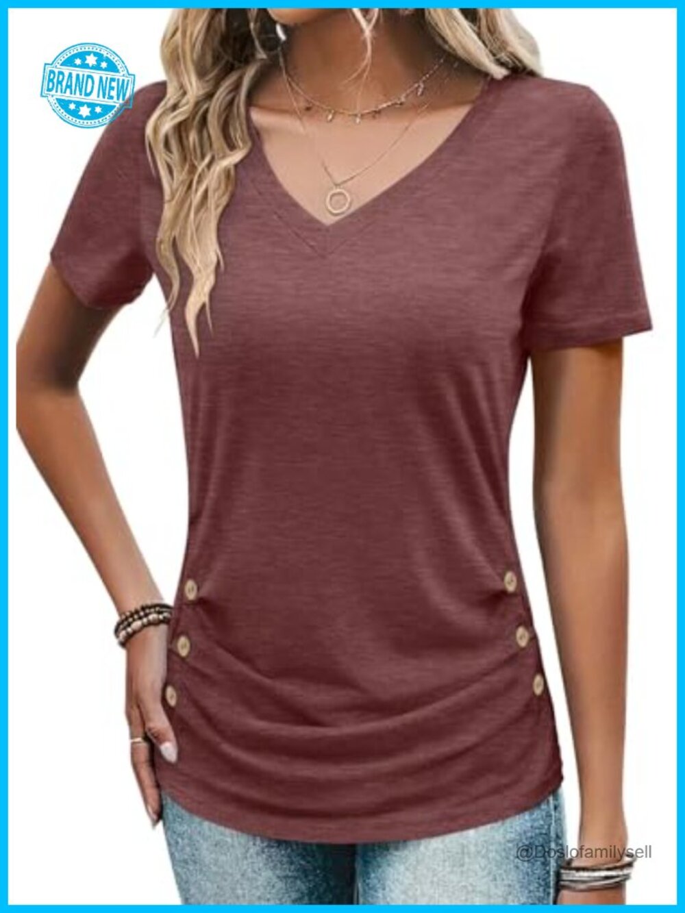 Womens V Neck Ruched Button Short Sleeve Top Casual Blouse